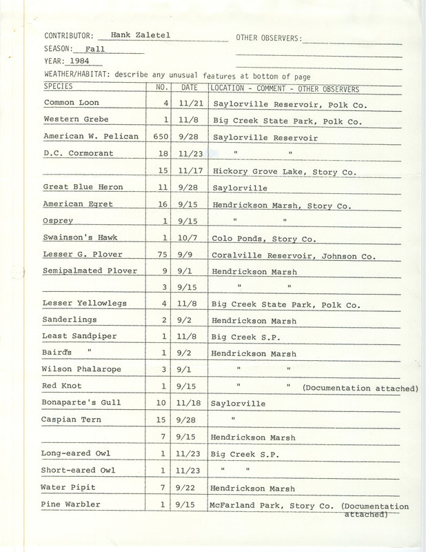 Field notes were contributed by Hank Zaletel for fall 1984. 26 species in eight locations are listed within the report. This item was used as supporting documentation for the Iowa Ornithologists' Union Quarterly field report of fall 1984.