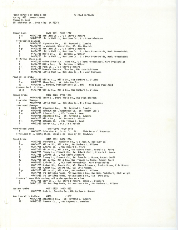 List of bird sightings from across the state compiled by Thomas H. Kent. This item was used as supporting documentation for the Iowa Ornithologists Union Quarterly Report of spring 1985.