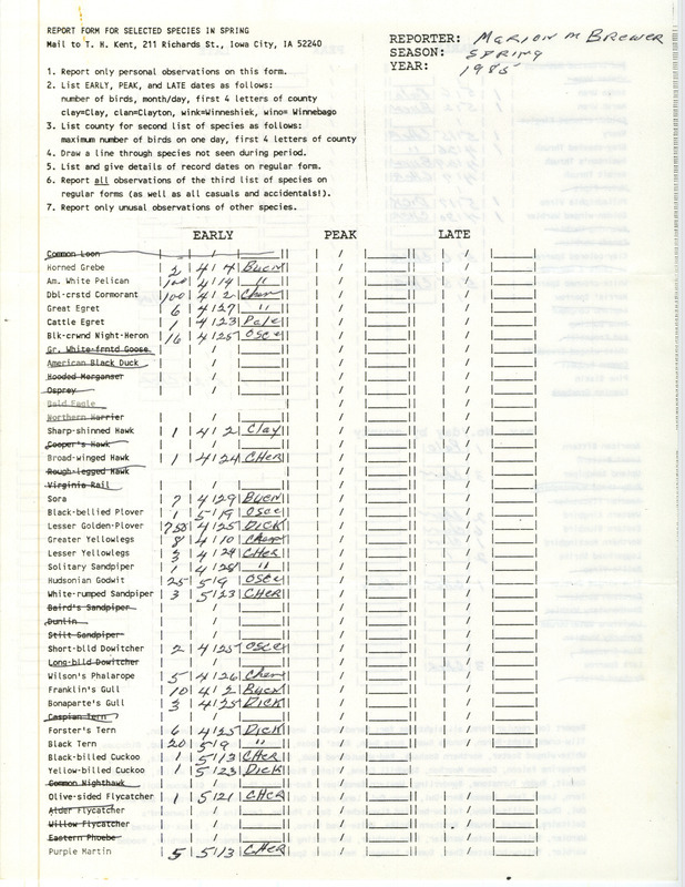 List of bird sightings contributed by Marion M. Brewer. This item was used as supporting documentation for the Iowa Ornithologists Union Quarterly Report of spring 1985.