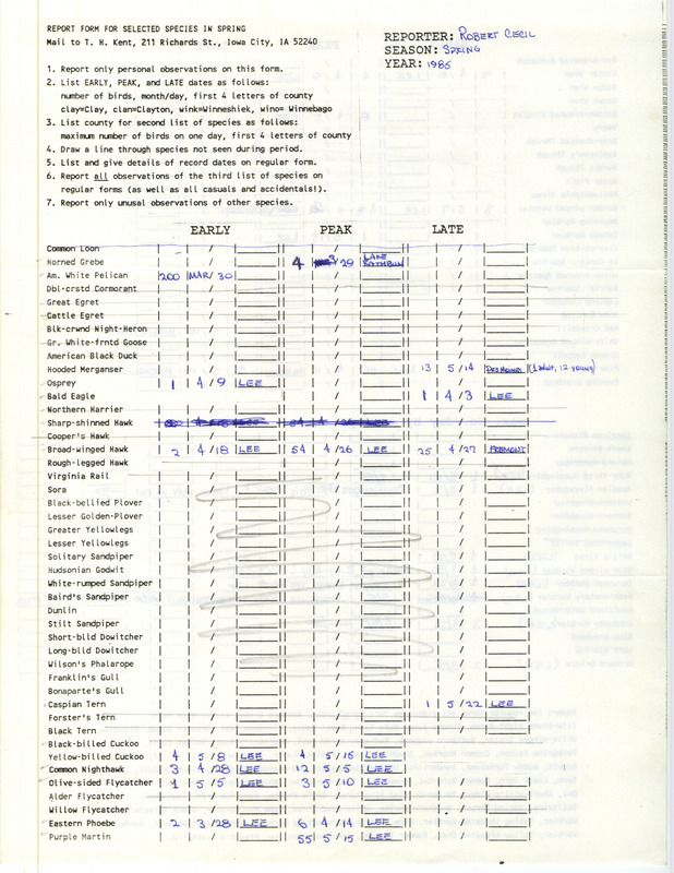 A list of bird sightings contributed by Robert Cecil. This item was used as supporting documentation for the Iowa Ornithologists Union Quarterly Report of spring 1985.