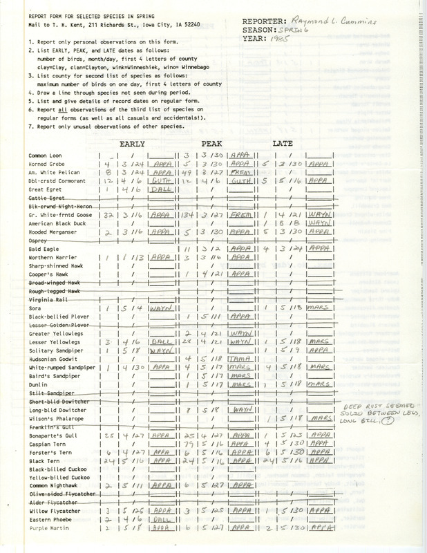 A list of bird sightings contributed by Raymond L. Cummins. This item was used as supporting documentation for the Iowa Ornithologists Union Quarterly Report of spring 1985.