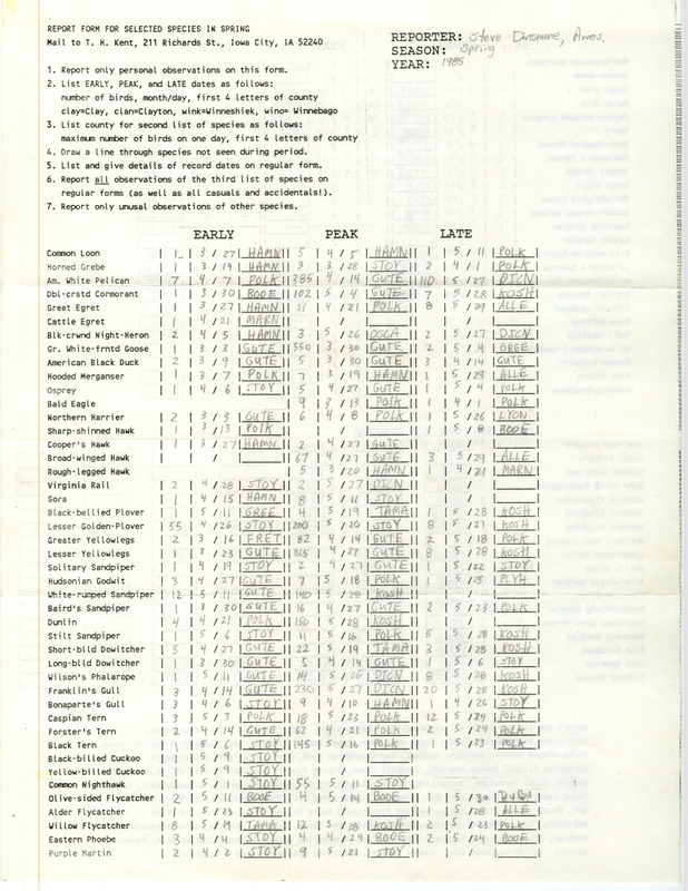 A list of bird sightings contributed by Stephen J. Dinsmore. This item was used as supporting documentation for the Iowa Ornithologists Union Quarterly Report of spring 1985.