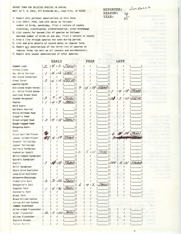 A list of bird sightings contributed by James L. Fuller. This item was used as supporting documentation for the Iowa Ornithologists Union Quarterly Report of spring 1985.