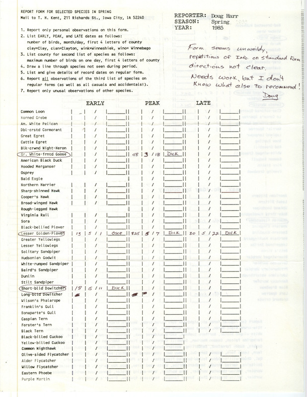 A list of bird sightings contributed by Douglas C. Harr. Form includes a comment critiquing the form. This item was used as supporting documentation for the Iowa Ornithologists Union Quarterly Report of spring 1985.