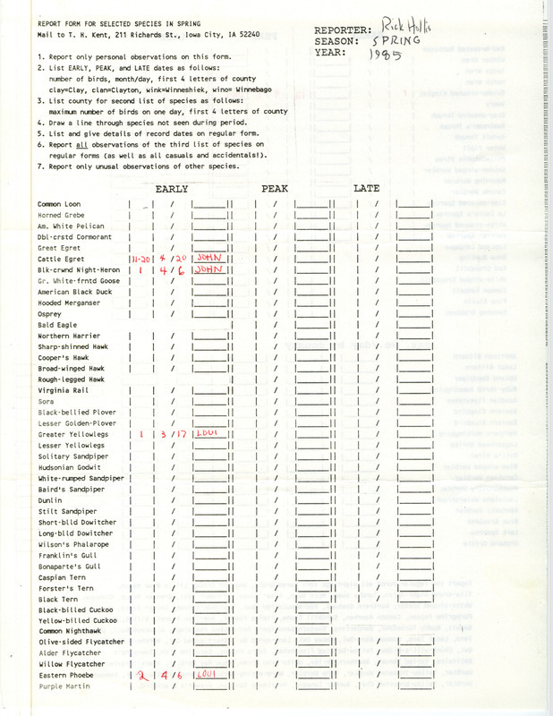 A list of bird sightings contributed by Richard Jule Hollis. This item was used as supporting documentation for the Iowa Ornithologists Union Quarterly Report of spring 1985.