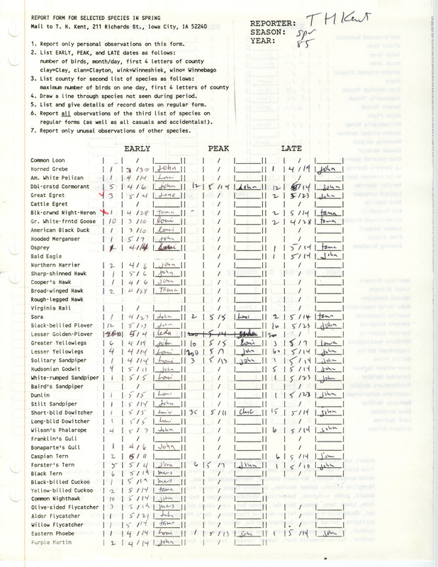 A list of bird sightings contributed by Thomas H. Kent. This item was used as supporting documentation for the Iowa Ornithologists Union Quarterly Report of spring 1985.