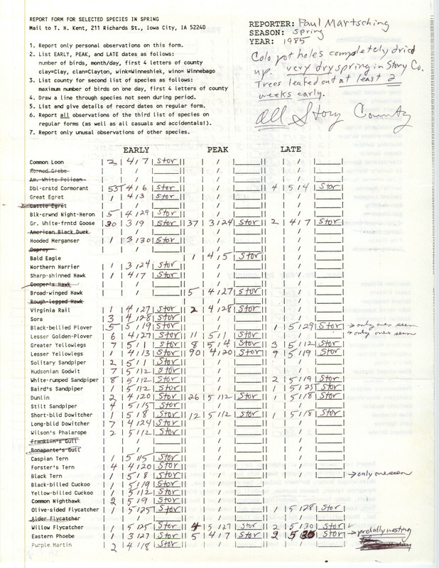 A list of bird sightings contributed by Paul Martsching, including a weather description for the season. This item was used as supporting documentation for the Iowa Ornithologists Union Quarterly Report of spring 1985.