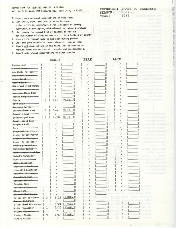 A list of bird sightings contributed by James P. Sandrock. This item was used as supporting documentation for the Iowa Ornithologists Union Quarterly Report of spring 1985.