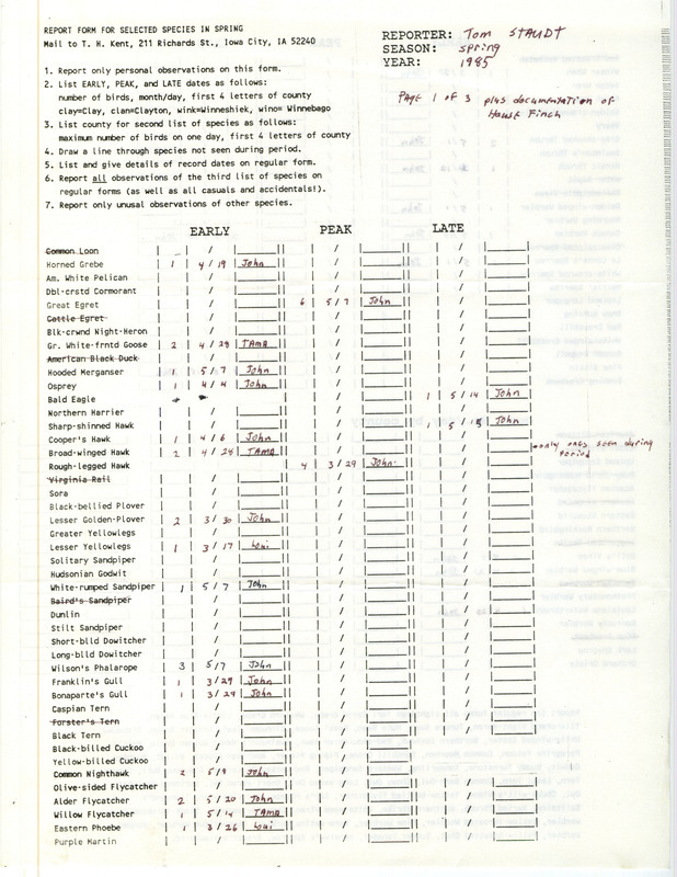 A list of bird sightings contributed by Thomas J. Staudt. This item was used as supporting documentation for the Iowa Ornithologists Union Quarterly Report of spring 1985.