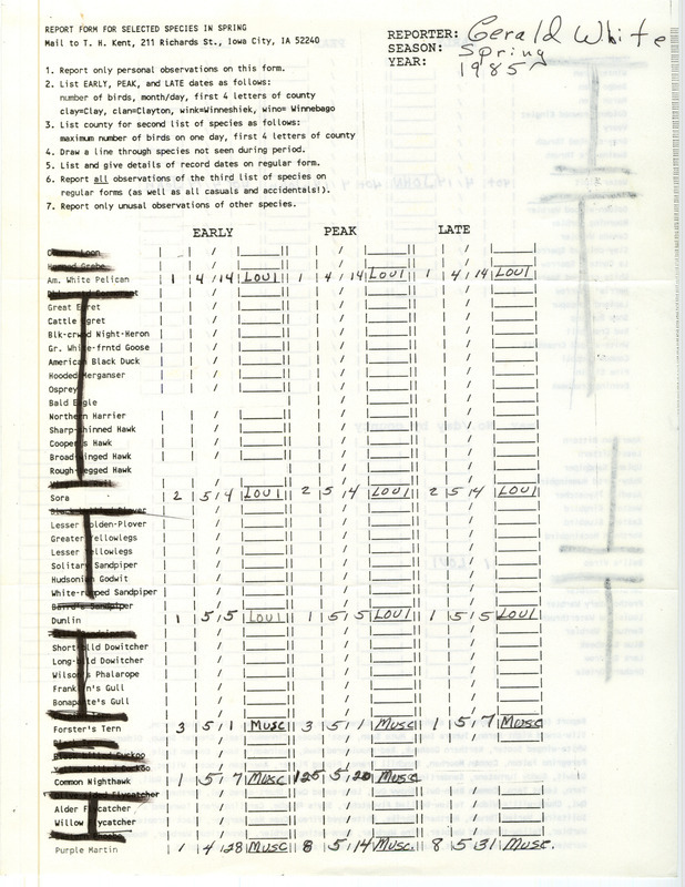 A list of bird sightings contributed by Gerald White. This item was used as supporting documentation for the Iowa Ornithologists Union Quarterly Report of spring 1985.