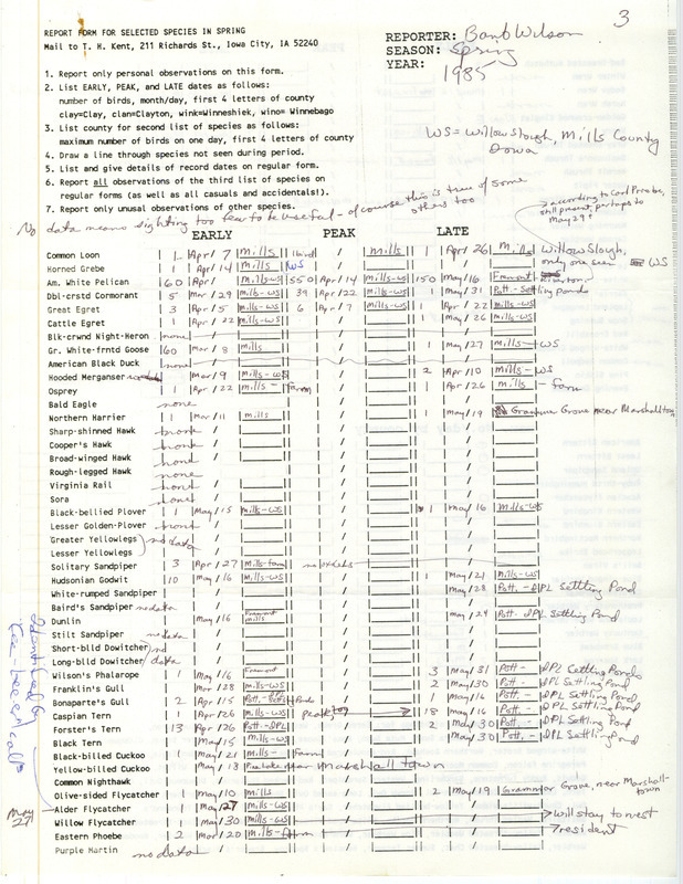 A list of bird sightings contributed by Barbara L. Wilson. This item was used as supporting documentation for the Iowa Ornithologists Union Quarterly Report of spring 1985.