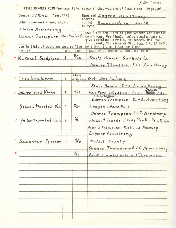 A list of bird sightings by Eugene Armstrong and others in the greater Des Moines area. This item was used as supporting documentation for the Iowa Ornithologists Union Quarterly Report of spring 1985.