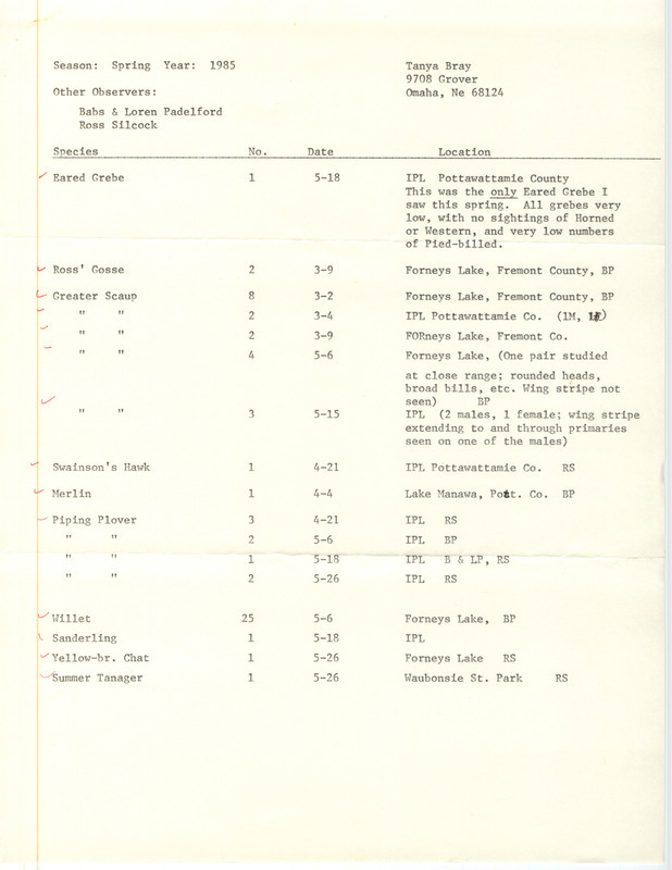 Field notes contributed by Tanya Bray listing bird sightings in southwest Iowa. This item was used as supporting documentation for the Iowa Ornithologists' Union Quarterly Report of spring 1985.