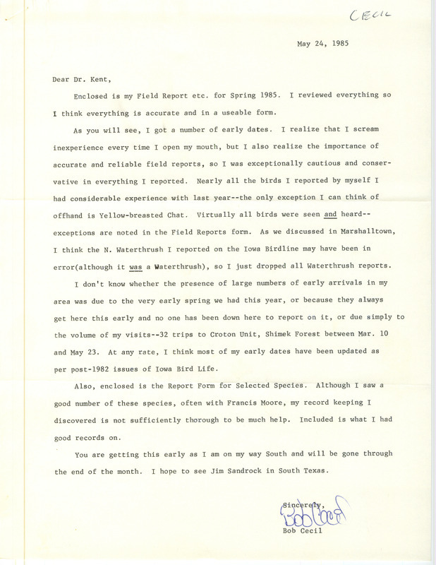 Letter from Robert I. Cecil to Thomas H. Kent discussing Cecil's reporting methodology and the number of early bird sightings in his accompanying field reports. This item was used as supporting documentation for the Iowa Ornithologists' Union Quarterly Report of spring 1985.