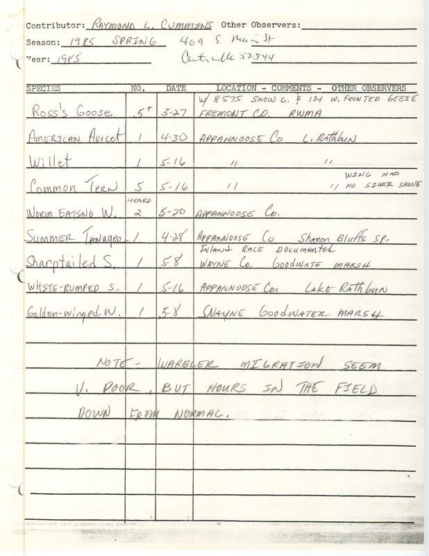 In his field notes, Cummins lists various bird sighted in southern, predominantly around Lake Rathbun, and notes a low warbler migration. This item was used as supporting documentation for the Iowa Ornithologists' Union Quarterly Report of spring 1985.