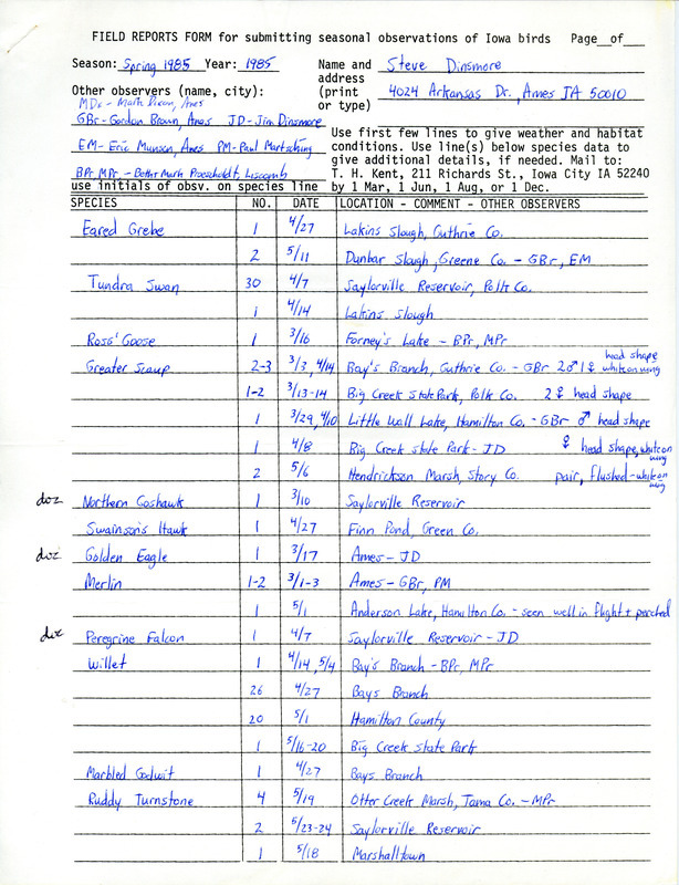 In his field notes, Dinsmore lists birds sightings by himself and others in central Iowa. This item was used as supporting documentation for the Iowa Ornithologists' Union Quarterly Report of spring 1985.