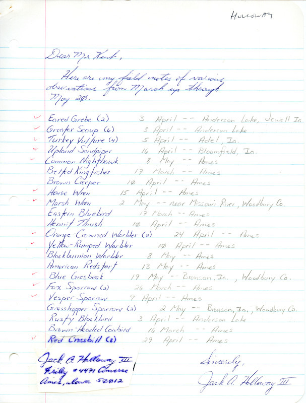 Field notes contributed by Jack A. Holloway III listing various bird sightings, primarily in central Iowa and Woodbury County. This item was used as supporting documentation for the Iowa Ornithologists' Union Quarterly Report of spring 1985.