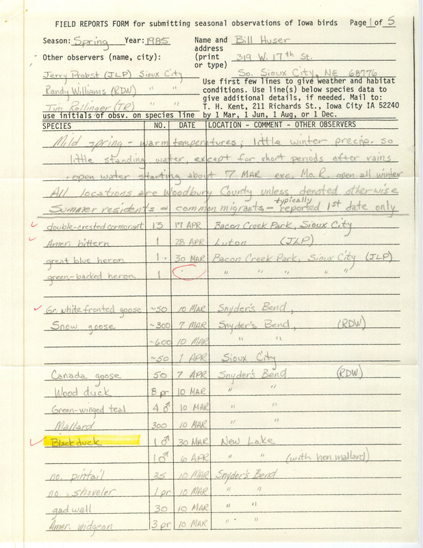 Field notes contributed by Bill Huser listing various bird sightings in northwestern Iowa by himself and others. This item was used as supporting documentation for the Iowa Ornithologists' Union Quarterly Report of spring 1985.