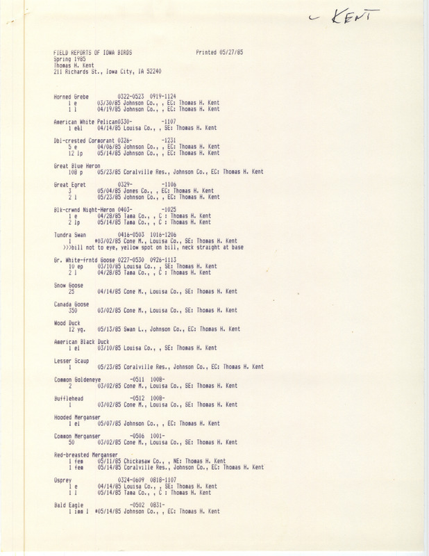 List of bird sightings contributed by Thomas H. Kent, covering various locations in eastern Iowa. This item was used as supporting documentation for the Iowa Ornithologists Union Quarterly Report of spring 1985.