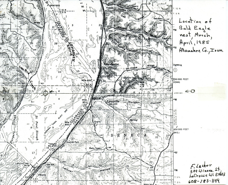 The letter discusses two bald eagle nesting sites and disputes the characterization of one site reported in American Birds. The letter also includes map showing the location of a bald eagle nest on the Mississippi River near the mouth of Wexford Creek. This item was used as supporting documentation for the Iowa Ornithologists' Union Quarterly Report of spring 1985.