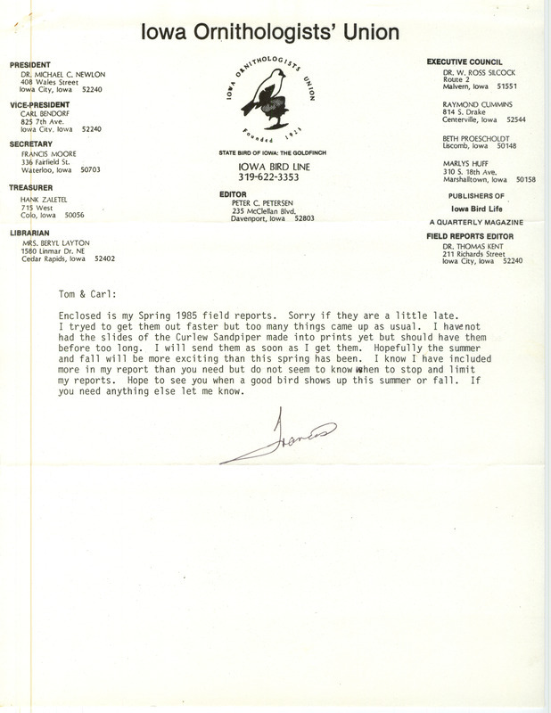 The letter discusses field notes for spring 1985 and slides of a Curlew Sandpiper. The letter includes field note forms listing bird sightings by Moore and others and a note describing the appearance and behavior of Western Sandpipers spotted by Moore. This item was used as supporting documentation for the Iowa Ornithologists' Union Quarterly Report of spring 1985.