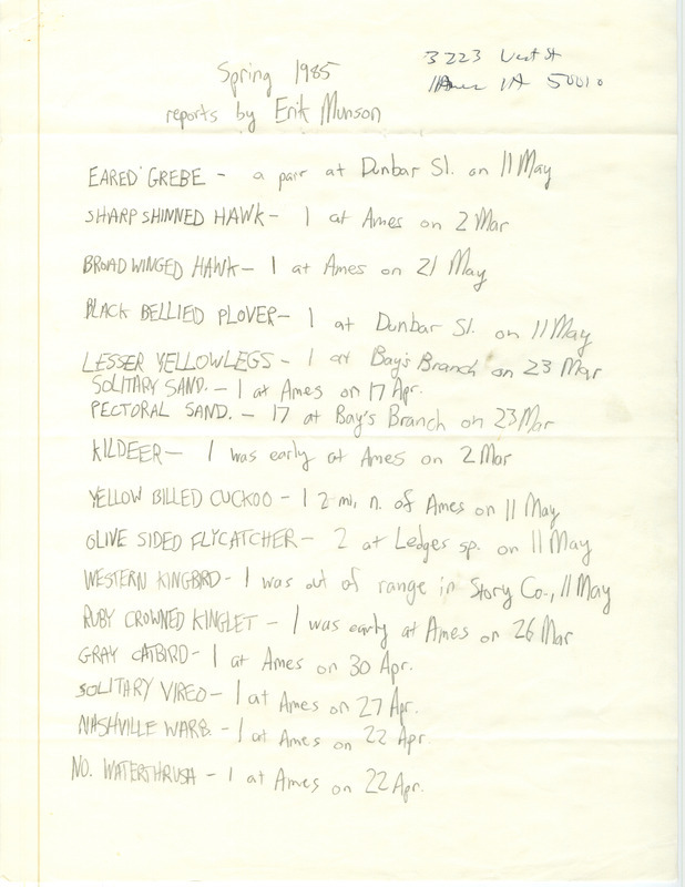 The field notes list various bird sightings in Ames and nearby parts of central Iowa. This item was used as supporting documentation for the Iowa Ornithologists' Union Quarterly Report of spring 1985.