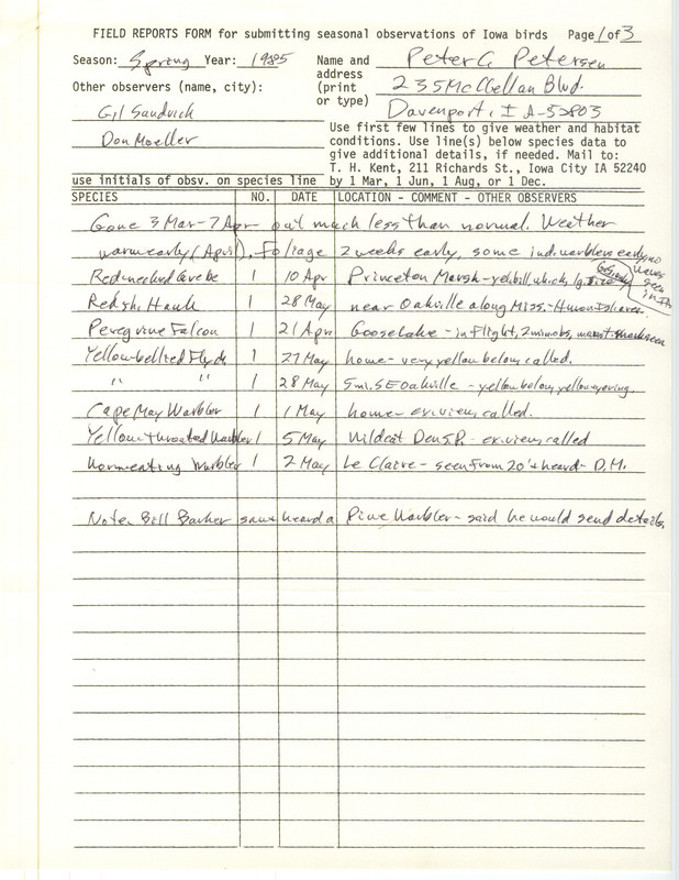 The field notes list various birds spotted by Petersen and others in eastern Iowa and includes comments on the weather. This item was used as supporting documentation for the Iowa Ornithologists' Union Quarterly Report of spring 1985.