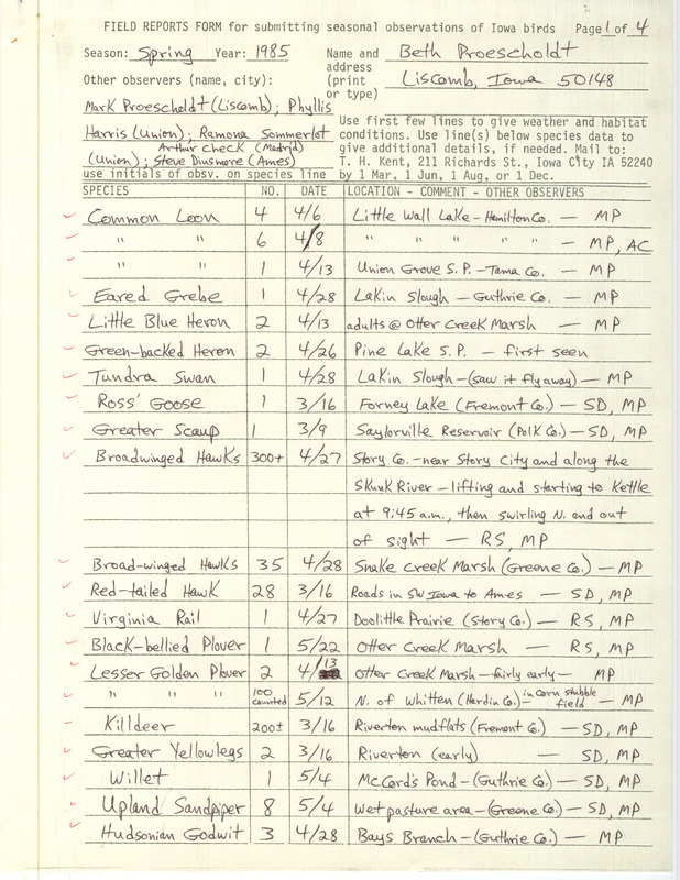 The field notes list various birds sighted in central Iowa and mentions a low number of warblers, thrushes, and ducks that spring. This item was used as supporting documentation for the Iowa Ornithologists' Union Quarterly Report of spring 1985.