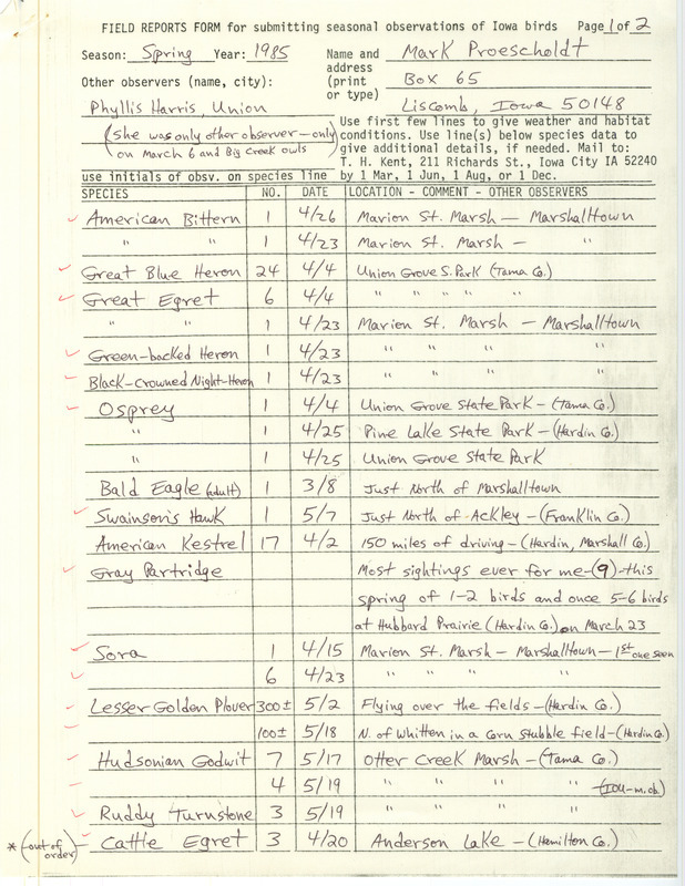 The field notes lists various bird sightings in central Iowa. This item was used as supporting documentation for the Iowa Ornithologists' Union Quarterly Report of spring 1985.