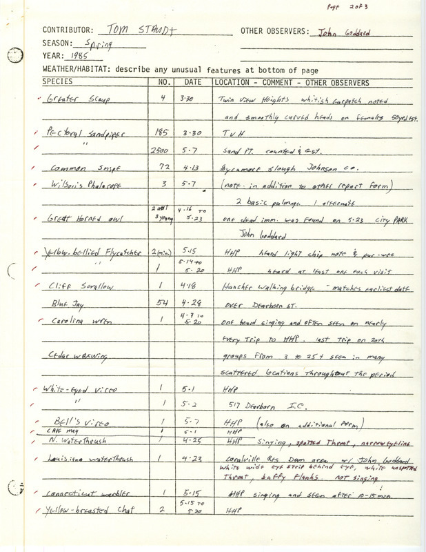 Field notes contributed by Tom Staudt listing various bird sightings by himself and others, primarily in Johnson County. This item was used as supporting documentation for the Iowa Ornithologists' Union Quarterly Report of spring 1985.