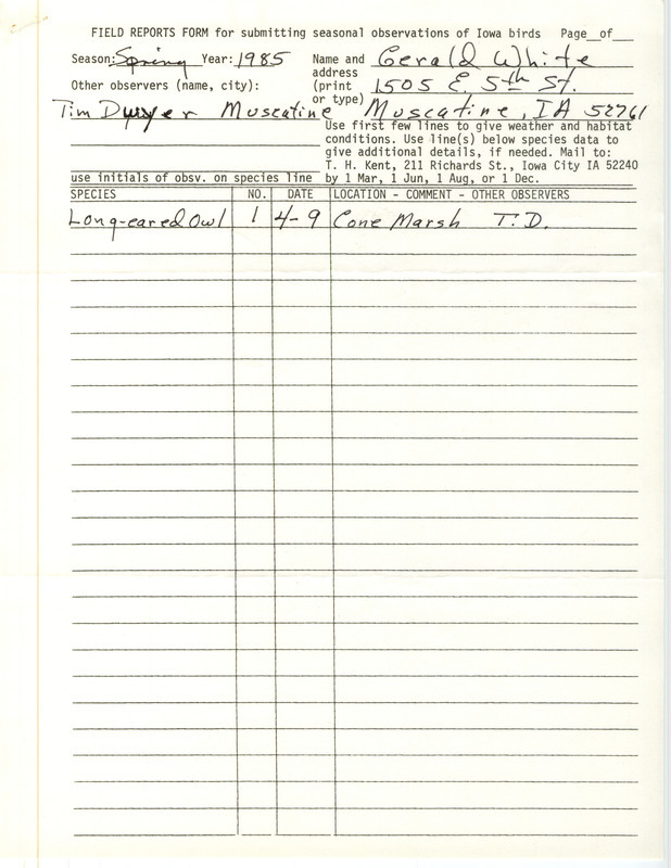 Field notes contributed by Gerald White listing a Long-eared Owl spotted at Cone March and a note describing the feeding habits of Common Nighthawks spotted in Muscatine. This item was used as supporting documentation for the Iowa Ornithologists' Union Quarterly Report of spring 1985.