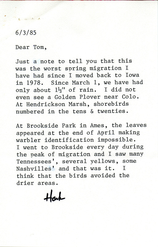 In his letter, Zaletel describes the spring migration as the worst since he moved back to Iowa in 1978. The field notes list various bird sightings, primarily at Hendrickson March, including a Snowy Egret. This item was used as supporting documentation for the Iowa Ornithologists' Union Quarterly Report of spring 1985.