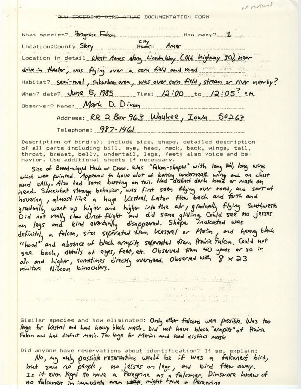 The form documents the sighting of a Peregrine Falcon in a semi-rural area of west Ames. This item was used as supporting documentation for the Iowa Ornithologists' Union Quarterly Report of spring 1985.