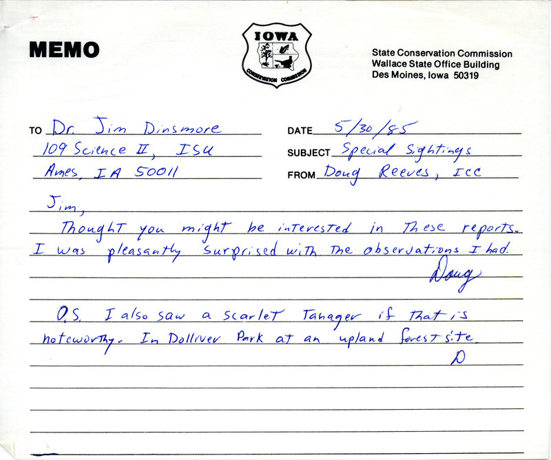 Field notes were contributed by Doug Reeves in a memo to Jim Dinsmore. A memo contributed by Bob Dolan to Doug Reeves regarding a Barn Owl Sighting on May 10, 1985 is included. This item was used as supporting documentation for the Iowa Ornithologists' Union Quarterly field report of summer 1985.