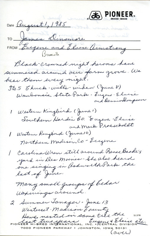 Field notes contributed by Eugene and Eloise Armstrong in a letter to James J. Dinsmore. This item was used as supporting documentation for the Iowa Ornithologists' Union Quarterly field report of summer 1985.