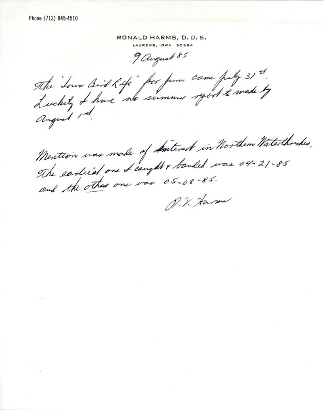 Field notes were contributed by Ronald Harms. This item was used as supporting documentation for the Iowa Ornithologists' Union Quarterly field report of summer 1985.