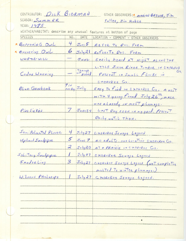 Field notes contributed by Dick Bierman and other observers. This item was used as supporting documentation for the Iowa Ornithologists' Union Quarterly field report of summer 1985.