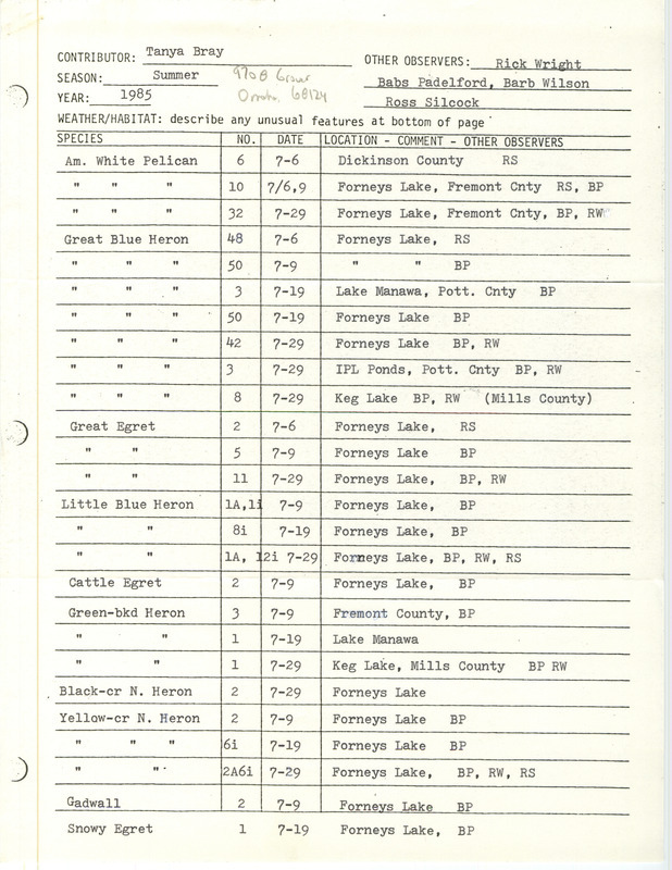 Field notes were contributed by Tanya Bray and other observers. This item was used as supporting documentation for the Iowa Ornithologists' Union Quarterly field report of summer 1985.