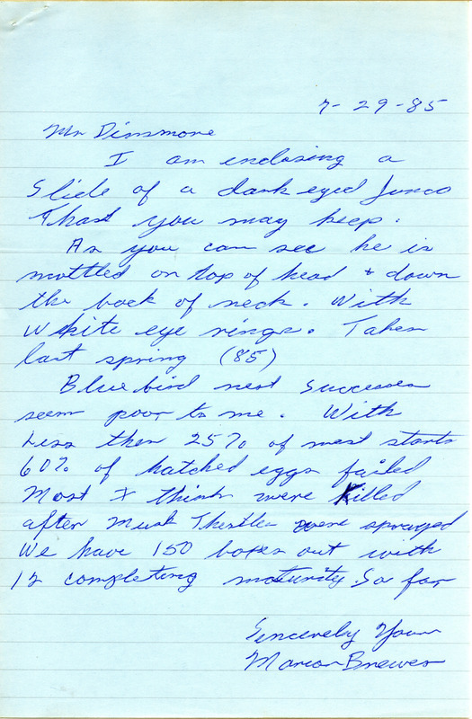 Field notes contributed by Marian M. Brewer in a letter to Mr. Dinsmore. This item was used as supporting documentation for the Iowa Ornithologists' Union Quarterly field report of summer 1985.