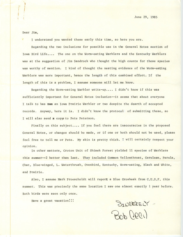 Field notes were contributed by Robert I. Cecil in a letter to Jim. This item was used as supporting documentation for the Iowa Ornithologists' Union Quarterly field report of summer 1985.