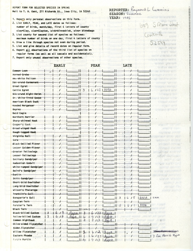 Field notes were contributed by Raymond L. Cummins. This item was used as supporting documentation for the Iowa Ornithologists' Union Quarterly field report of summer 1985.