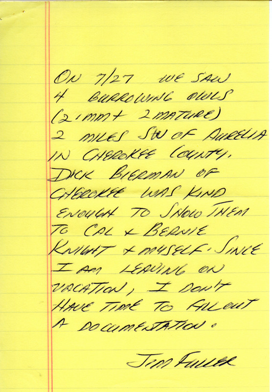 List of birds and locations contributed by James L. Fuller. This item was used as supporting documentation for the Iowa Ornithologists Union Quarterly field report of summer 1985.