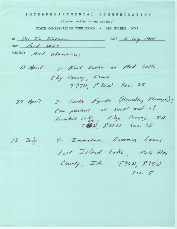 List of birds and locations contributed by Fred Heinz. This item was used as supporting documentation for the Iowa Ornithologists Union Quarterly field report of summer 1985.