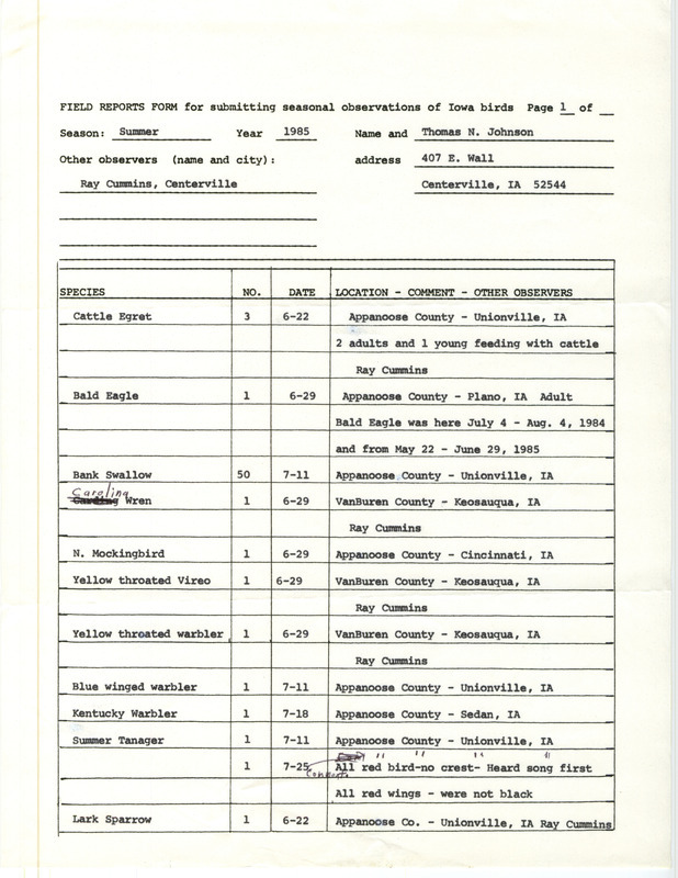 List of birds and locations contributed by Tom Johnson with observers Raymond L. Cummins. This item was used as supporting documentation for the Iowa Ornithologists Union Quarterly field report of summer 1985.