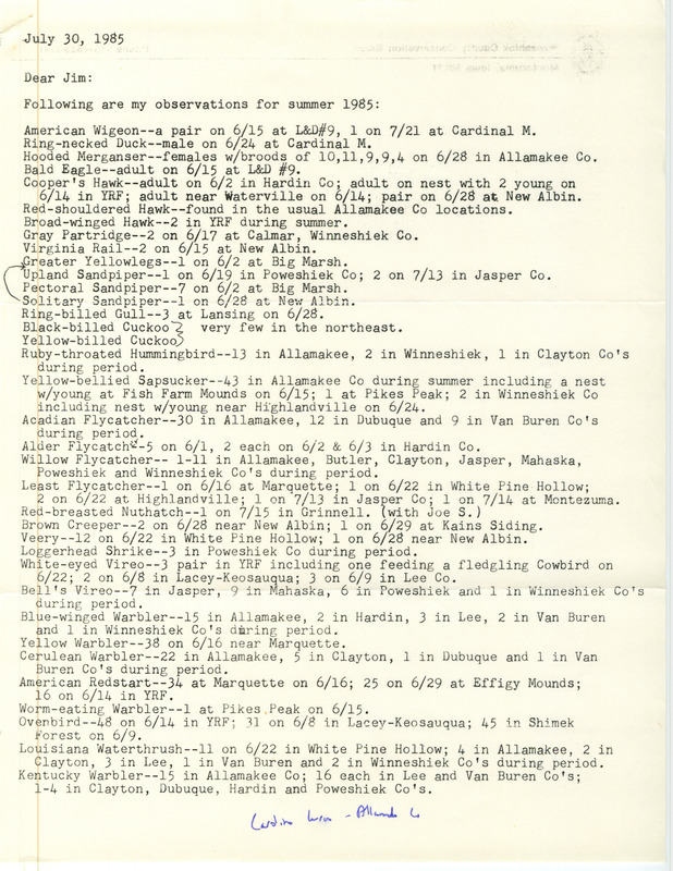 Field notes contributed by Darwin Koenig in a letter to James J. Dinsmore, July 30, 1985. This item was used as supporting documentation for the Iowa Ornithologists Union Quarterly field report of summer 1985.