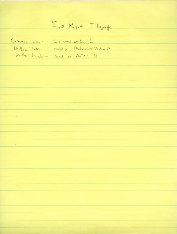 List of birds and locations contributed by Ted LaGrange. This item was used as supporting documentation for the Iowa Ornithologists Union Quarterly field report of summer 1985.