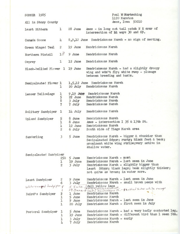 List of birds and locations contributed by Paul Martsching. This item was used as supporting documentation for the Iowa Ornithologists Union Quarterly field report of summer 1985.