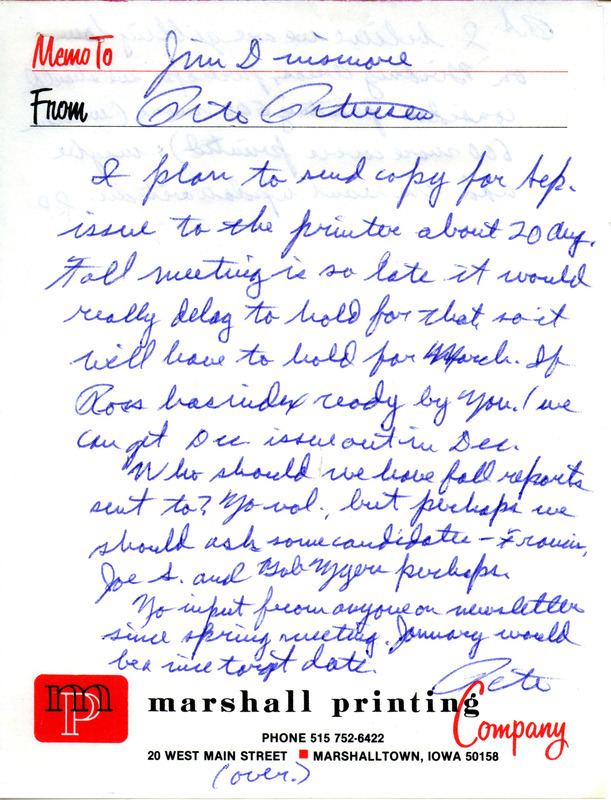 Field notes contributed by Peter C. Petersen in a letter to James J. Dinsmore with observers Mary Lou Petersen and Corey Blavins. A detailed list of birds and locations is included with the letter. This item was used as supporting documentation for the Iowa Ornithologists Union Quarterly field report of summer 1985.