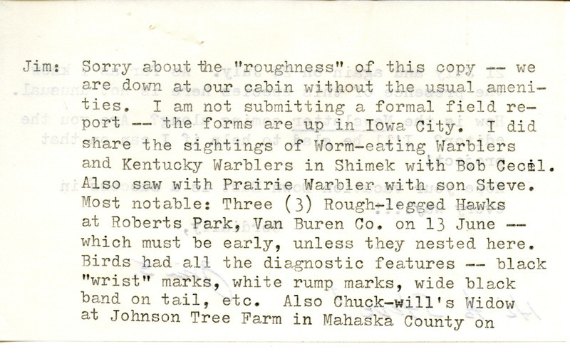 Field notes contributed by James P. Sandrock in a letter to James J. Dinsmore. Included with the letter is a detailed weather report for June and July. This item was used as supporting documentation for the Iowa Ornithologists Union Quarterly field report of summer 1985.