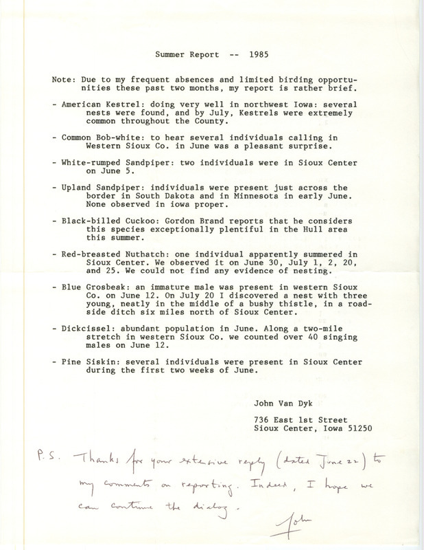 List of birds and locations contributed by John Van Dyk. This item was used as supporting documentation for the Iowa Ornithologists Union Quarterly field report of summer 1985.